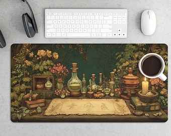 Alfombrilla de ratón para juegos de escritorio con temática de mago místico, alquimista y pociones.