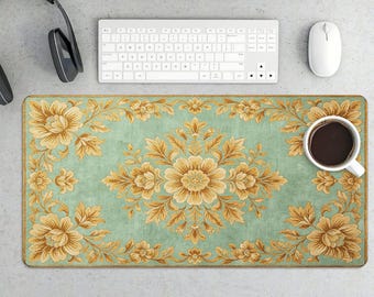 Alfombrilla de ratón elegante con estampado floral turquesa y dorado - Alfombra de juego grande de lujo estilo vintage