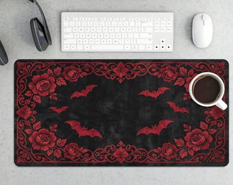 Alfombrilla de ratón para juegos con diseño gótico de murciélagos y rosas rojas estilo anime.