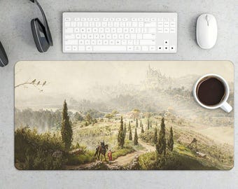 Alfombrilla de ratón para juegos con paisaje de castillo de fantasía - Alfombrilla de escritorio épica Misty Hills para jugadores