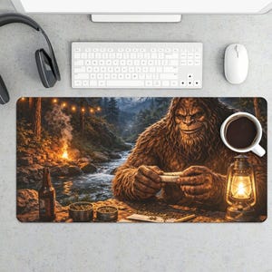 May include: A rectangular desk mat featuring a Bigfoot rolling a cigarette in a forest setting. The mat includes a river, campfire, lantern, coffee cup, and beer bottle. A keyboard, mouse, and headphones are also visible.