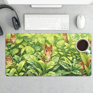 May include: A rectangular desk mat featuring a vibrant illustration of several squirrels peeking out from lush green foliage. A white coffee cup filled with dark coffee sits on the mat. A white keyboard, mouse, and headphones are also visible.
