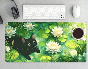 Whimsical Pond Cat Water Lily Gaming Mouse Pad | Cute Fantasy Desk Mat