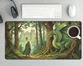 Alfombrilla de ratón para juegos de fantasía con dragón verde épico y caballero.