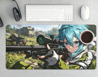 Alfombrilla de escritorio para videojuegos con diseño de chica francotiradora de anime: un elegante diseño de guerrera de cabello azul.
