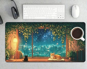 Alfombrilla de ratón para juegos con diseño de gatos de Cozy Night City y ventana.