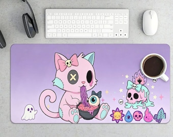Alfombrilla de escritorio con gato gótico pastel comiendo fideos con forma de ojo