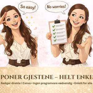 Puede incluir: Ilustraci&oacute;n de una mujer con cabello casta&ntilde;o largo, vestida con un vestido blanco y un cintur&oacute;n marr&oacute;n. Las burbujas de texto dicen "So easy!" y "No worries!". La mujer sostiene una portapapeles con marcas de verificaci&oacute;n. El texto en la parte inferior dice "IMPONER GJESTENE &ndash; HELT ENKELT".