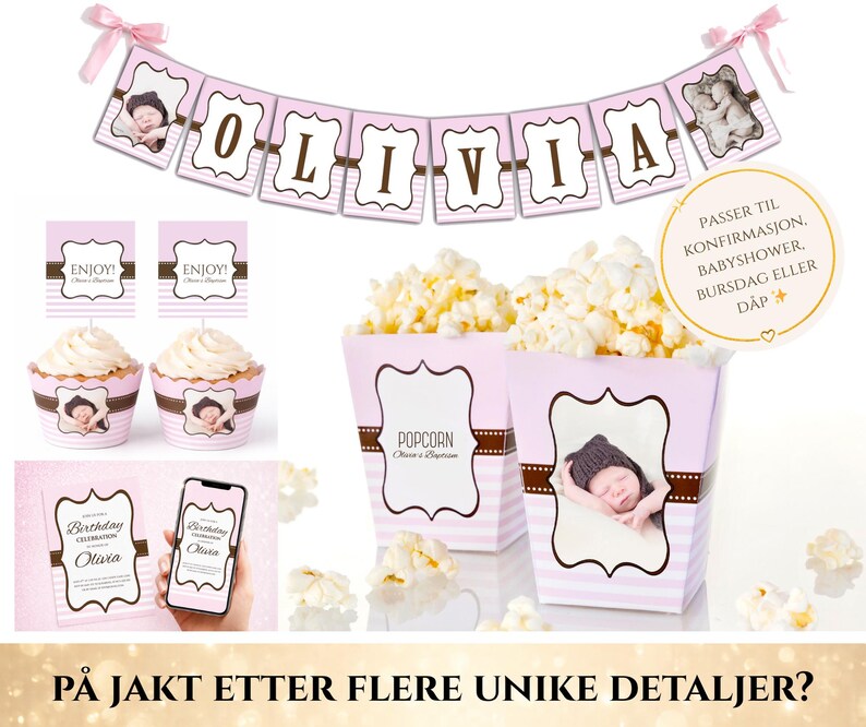 Puede incluir: Decoraciones de fiesta rosas y marrones con el nombre "Olivia" en una pancarta, cajas de palomitas de ma&iacute;z, cupcakes e invitaciones. Las decoraciones incluyen una foto de beb&eacute; y la palabra "Enjoy!" en los adornos de cupcakes.