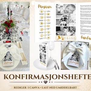 May include: A set of printable confirmation program booklets featuring a collage of black and white photos, gold text, and a white bow. The design includes a timeline, fun facts, and the word Konfirmasjonshefte, presented on white plates.