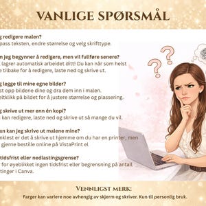 Puede incluir: Una ilustraci&oacute;n digital con el texto "VANLIGE SP&Oslash;RSM&Aring;L" y una lista de preguntas frecuentes. Se representa a una mujer con un port&aacute;til, pensativa. El fondo es un dise&ntilde;o suave y borroso con signos de interrogaci&oacute;n.