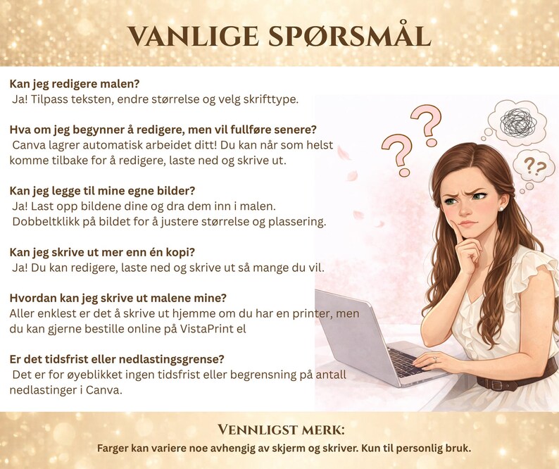 Puede incluir: Una ilustraci&oacute;n digital con el texto "VANLIGE SP&Oslash;RSM&Aring;L" y una lista de preguntas frecuentes. Se representa a una mujer con un port&aacute;til, pensativa. El fondo es un dise&ntilde;o suave y borroso con signos de interrogaci&oacute;n.