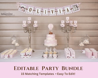 Editable Pink Party Bundle | Invitation, Banner, Dessert table, Birthday, Baby Shower; Baptism, Confirmation Templates