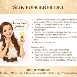 Puede incluir: Una gu&iacute;a ilustrada con el texto "SLIK FUNGERER DET" y "Let me show you how!" Una mujer con cabello casta&ntilde;o y un cintur&oacute;n marr&oacute;n claro sostiene una bombilla. La gu&iacute;a explica c&oacute;mo usar un producto digital.