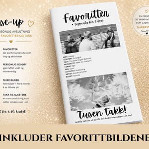 Puede incluir: Un folleto blanco con el t&iacute;tulo "Favoritter" y el subt&iacute;tulo "toppvalg para Lukas" en escritura negra. El folleto contiene fotos y texto en blanco y negro. El texto incluye "close-up", "Favoritter" y "Tusen takk!" en escritura manuscrita.