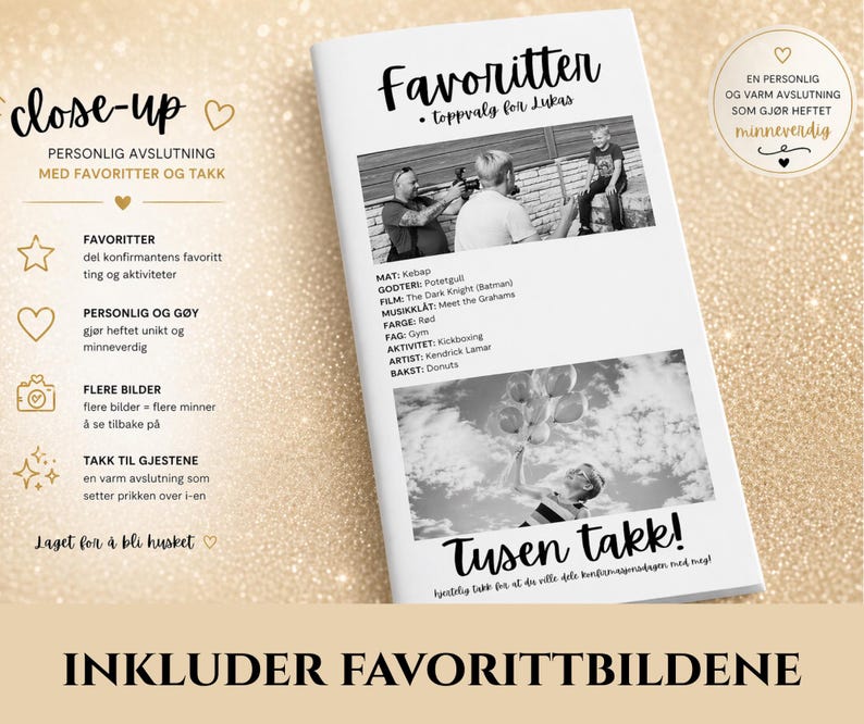 Puede incluir: Un folleto blanco con el t&iacute;tulo "Favoritter" y el subt&iacute;tulo "toppvalg para Lukas" en escritura negra. El folleto contiene fotos y texto en blanco y negro. El texto incluye "close-up", "Favoritter" y "Tusen takk!" en escritura manuscrita.