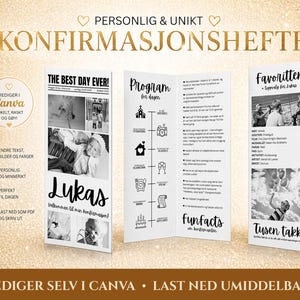 May include: A tri-fold brochure with a gold glitter background. The brochure features black and white photos, text, and graphics. The text includes "The Best Day Ever!", "Program for the day", and "Favoritten". The brochure is for a confirmation.