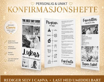 Konfirmasjonshefte Mal | Redigerbar i Canva | Personlig Bordhefte til Konfirmasjon | Program for Dagen | Digital Nedlasting