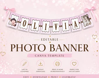 Editable Pink Photo Banner Template | Baptism, Baby Shower, Birthday, Confirmation Canva (Digital Download)