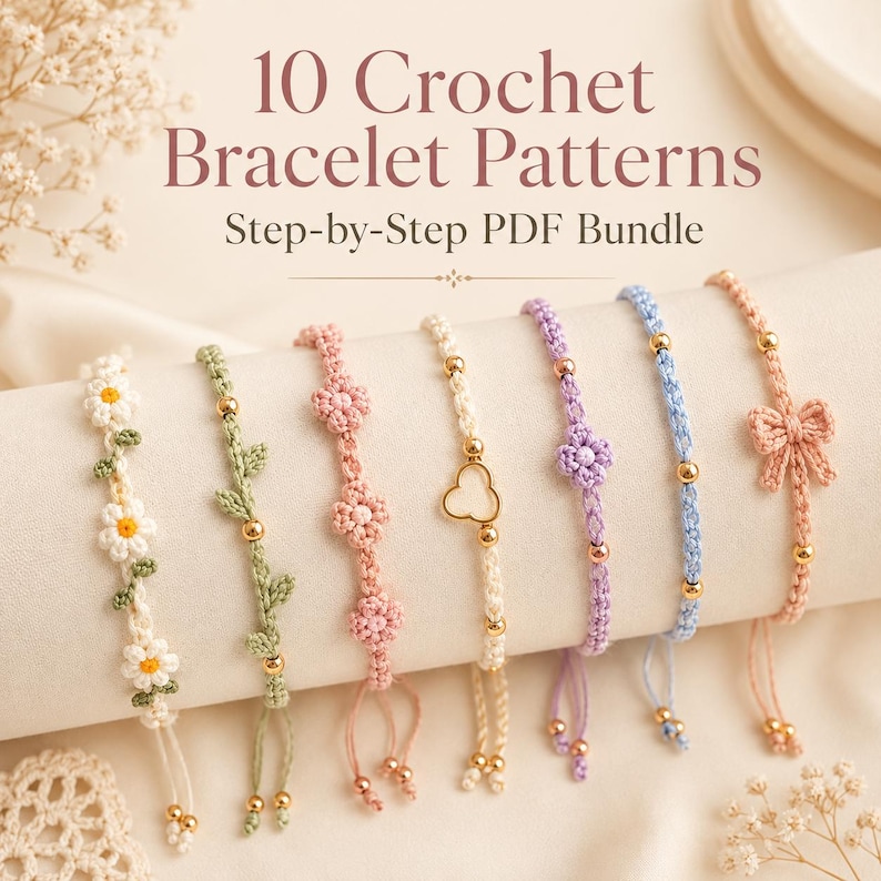 May include: Seven handmade crochet bracelets featuring floral, leaf, bow, and heart motifs with gold-toned beads. The text reads 10 Crochet Bracelet Patterns Step-by-Step PDF Bundle. The bracelets are displayed in a row on a cylindrical holder.