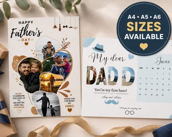May include: Two Father's Day themed cards featuring photo collages and text. The left card says Happy Father's Day and includes photos of a father and child. The right card features a June calendar, the text My dear DAD, and You're my first hero.