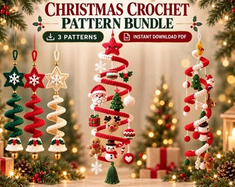 May include: A Christmas crochet pattern bundle featuring three hanging spiral ornaments. The text reads CHRISTMAS CROCHET PATTERN BUNDLE, 3 PATTERNS, and INSTANT DOWNLOAD PDF. The ornaments include stars, bells, and various holiday figures.