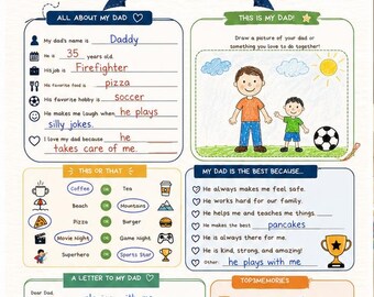 May include: A Father's Day activity sheet featuring sections titled All About My Dad, This Is My Dad, This or That, My Dad Is The Best Because, A Letter To My Dad, and Top 3 Memories. The page includes hand-drawn illustrations and text.