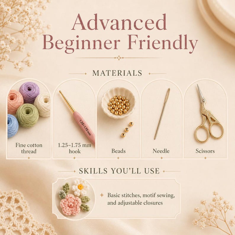 May include: A craft kit display featuring fine cotton thread in various colours, a 1.25-1.75 mm crochet hook, gold beads, a needle, and gold scissors. The text reads Advanced Beginner Friendly, Materials, Skills You'll Use, and Basic stitches, motif sewing, and adjustable closures.