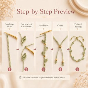 May include: A five-step crochet tutorial titled Step-by-Step Preview showing the creation of a green leaf bracelet. Steps include foundation chain, leaf construction, attachment, closure, and the finished bracelet with gold beads.