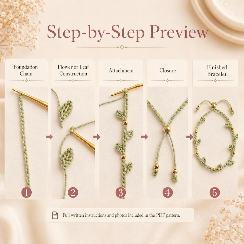 May include: A five-step crochet tutorial titled Step-by-Step Preview showing the creation of a green leaf bracelet. Steps include foundation chain, leaf construction, attachment, closure, and the finished bracelet with gold beads.