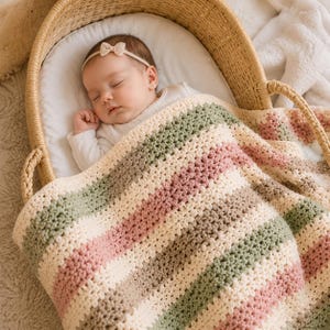 Mönster för virkad filt till babyflicka i PDF-format, randig filt i blush pink, fotohandledning för nybörjare, present till spjälsäng/barnvagn