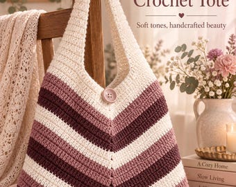 May include: A crochet tote bag featuring a chevron pattern in alternating stripes of cream, mauve, and dark plum. The bag has a single shoulder strap and a central mauve button closure. Text on the image reads: Mauve Crochet Tote, Soft tones, handcrafted beauty.