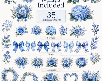 May include: A digital collection of 35 individual blue floral designs, including various roses, hydrangeas, and other blossoms, along with decorative blue ribbons, bows, bouquets, and circular or heart-shaped wreaths, all labeled What's Included.