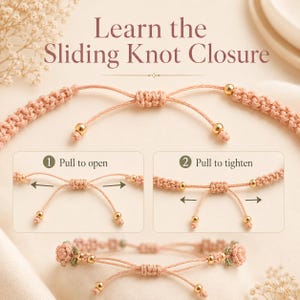 May include: A peach-coloured cord bracelet with a sliding knot closure, featuring gold-toned beads at the ends. The image includes text instructions: Learn the Sliding Knot Closure, 1 Pull to open, and 2 Pull to tighten, demonstrating how to adjust the bracelet size.