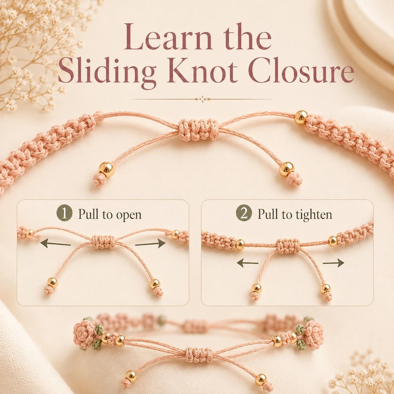 May include: A peach-coloured cord bracelet with a sliding knot closure, featuring gold-toned beads at the ends. The image includes text instructions: Learn the Sliding Knot Closure, 1 Pull to open, and 2 Pull to tighten, demonstrating how to adjust the bracelet size.