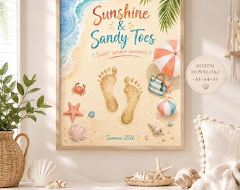 May include: A framed watercolor print featuring a sandy beach scene with blue ocean waves, palm fronds, a crab, starfish, seashells, a beach umbrella, a striped bag, a beach ball, and footprints. Text reads: Sunshine & Sandy Toes, Sweet summer memories, Summer 2026.