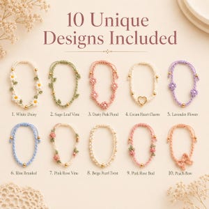 Crochet Bracelet Pattern Bundle PDF, 10 Floral Jewelry Tutorials Daisy Rose Heart Pearl Bow Adjustable Friendship Bracelet, Digital Download image 9