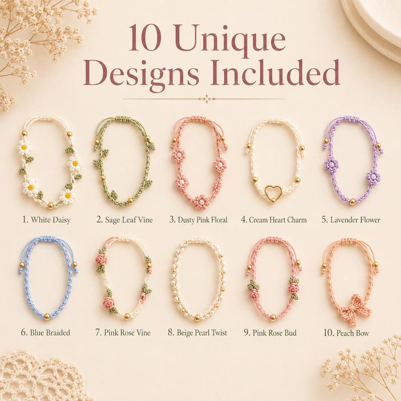 Crochet Bracelet Pattern Bundle PDF, 10 Floral Jewelry Tutorials Daisy Rose Heart Pearl Bow Adjustable Friendship Bracelet, Digital Download image 9