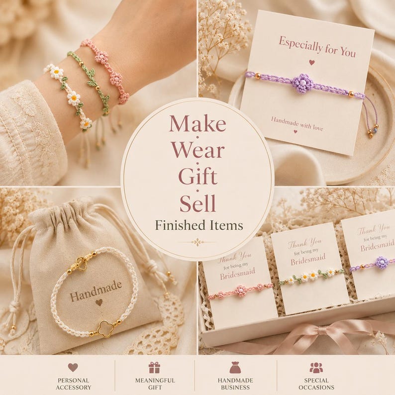 Crochet Bracelet Pattern Bundle PDF, 10 Floral Jewelry Tutorials Daisy Rose Heart Pearl Bow Adjustable Friendship Bracelet, Digital Download image 5