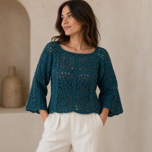 Crochet Crop Top Pattern PDF, Floral Motif Crochet Blouse, Off-White Bell Sleeve Top, Boho Lace Sweater, Women DIY Tutorial Download Instant