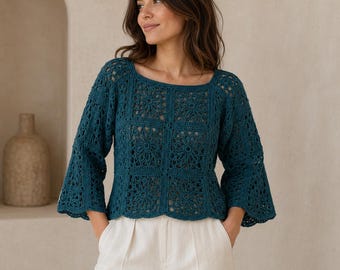 Crochet Crop Top Pattern PDF, Floral Motif Crochet Blouse, Off-White Bell Sleeve Top, Boho Lace Sweater, Women DIY Tutorial Download Instant