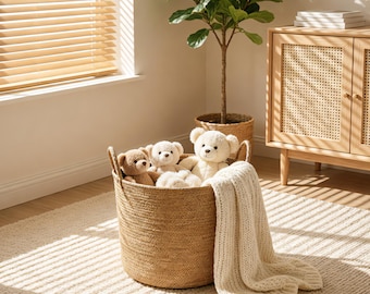 Handwoven Jute Laundry Basket, Round Foldable Home Storage with Handles for Clothes/Toys, Natural