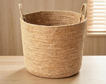 Handwoven Jute Laundry Basket – Foldable Storage Bin with Handles, Natural Beige