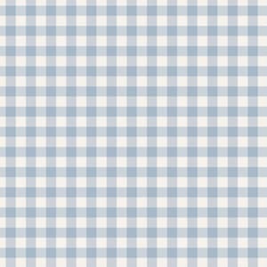 Könnte beinhalten: Ein sich wiederholendes Vichy-Muster mit einem Gitter aus hellblauen und cremeweißen Quadraten. Das Design besteht aus sich kreuzenden horizontalen und vertikalen Linien, die ein gleichmäßiges, kariertes Erscheinungsbild auf der Stoffoberfläche erzeugen.