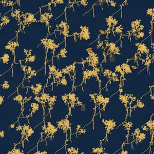Könnte beinhalten: Nahtloses Muster mit goldenen floralen Zweigen und kleinen Vögeln auf dunkelblauem Hintergrund. Das Design enthält stilisierte Textelemente. Die Gesamtästhetik erinnert an traditionelle asiatische Kunst.