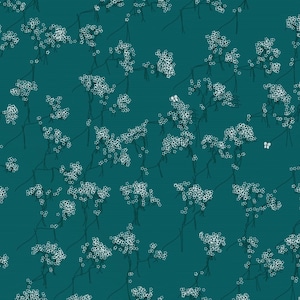 Könnte beinhalten: Ein teal-farbenes Blumenmuster mit weißen Blüten und dunklen Stielen. Das Design hat ein sich wiederholendes Muster aus zarten Blumen und Zweigen, das einen nahtlosen Look erzeugt. Der Hintergrund hat subtile vertikale Linien.
