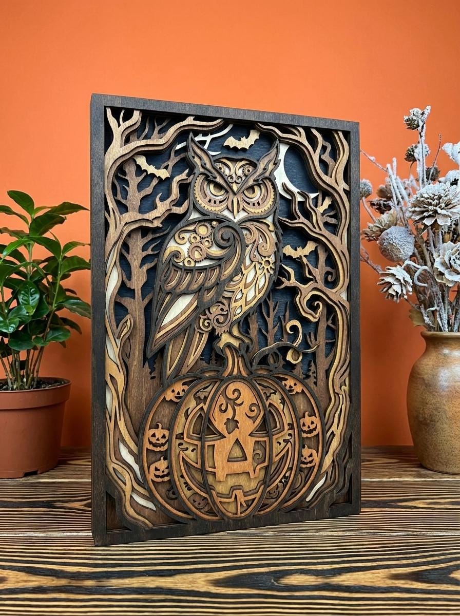 MA12 Halloween Owl Layered Wood SVG, Pumpkin Owl Laser Cut File, Gothic Forest Wall Art, Glowforge C