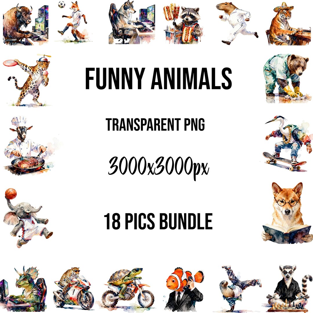Funny Animal Bundle Clipart PNG | Watercolor Style Animals Bundle ...