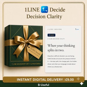May include: A dark green gift box tied with a gold ribbon and bow, with a tag that reads "1LINE Decide Decision Clarity Ideas." The box is part of a "1-LINE ACCESSORY GIFT | Limited Edition" set. Text on the image says "Decision Clarity".