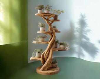 Handgemaakte houten plantenstandaard voor bomen – Rustieke plank voor binnen met meerdere niveaus, natuurlijk interieur